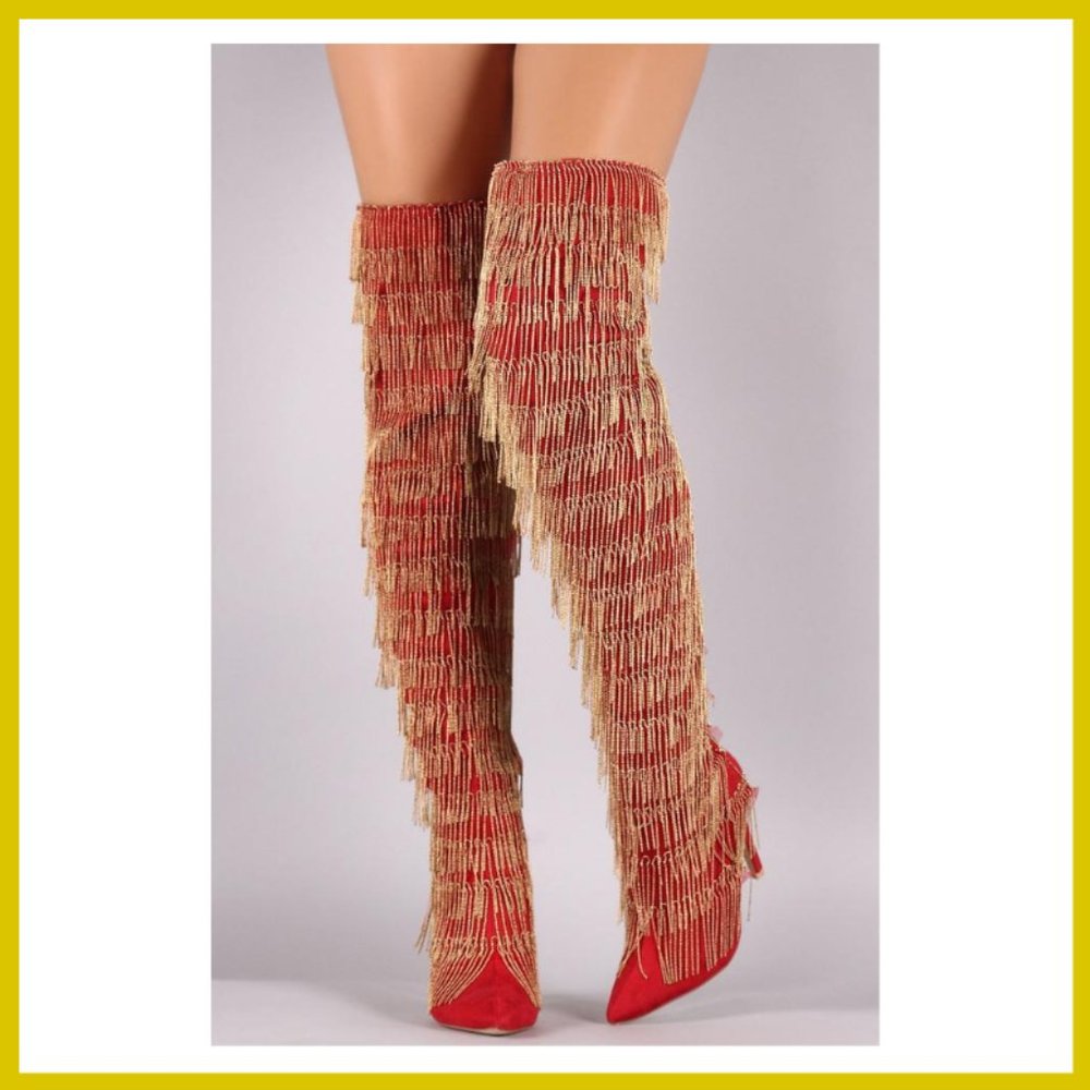 NWT Fringe Chain Suede Thigh High Boot